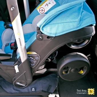 Simple Parenting Doona Infant Car Seat - Accessorio opzionale - Wheel Covers - Vista del seggiolino auto con il copri ruote agganciato